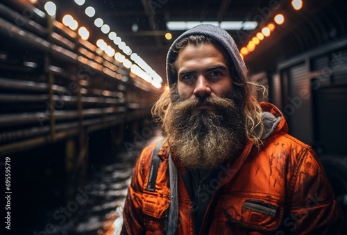 A bearded man wearing an orange jacket and a gray hat, standing on a dock with a train in the background. Generative AI