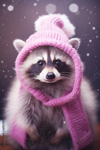 A cute little raccoon wearing a pink hat and scarf Generative AI © vinod
