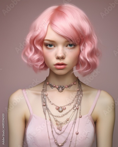Pink Hair and Necklace Generative AI