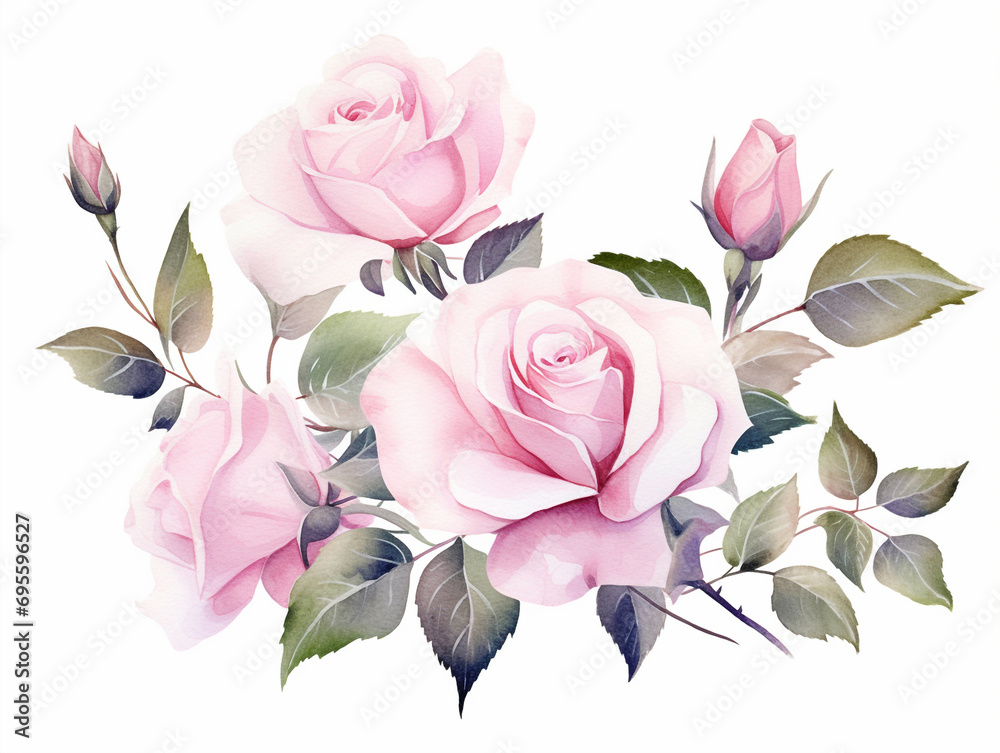 Watercolor illustration of roses bouquet on white background