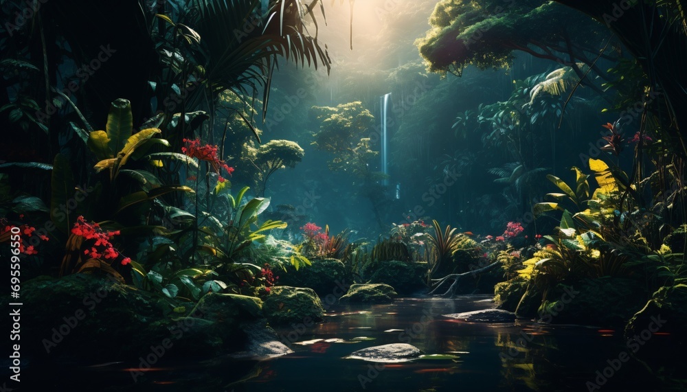 A serene jungle scene with a waterfall and lush greenery Generative AI