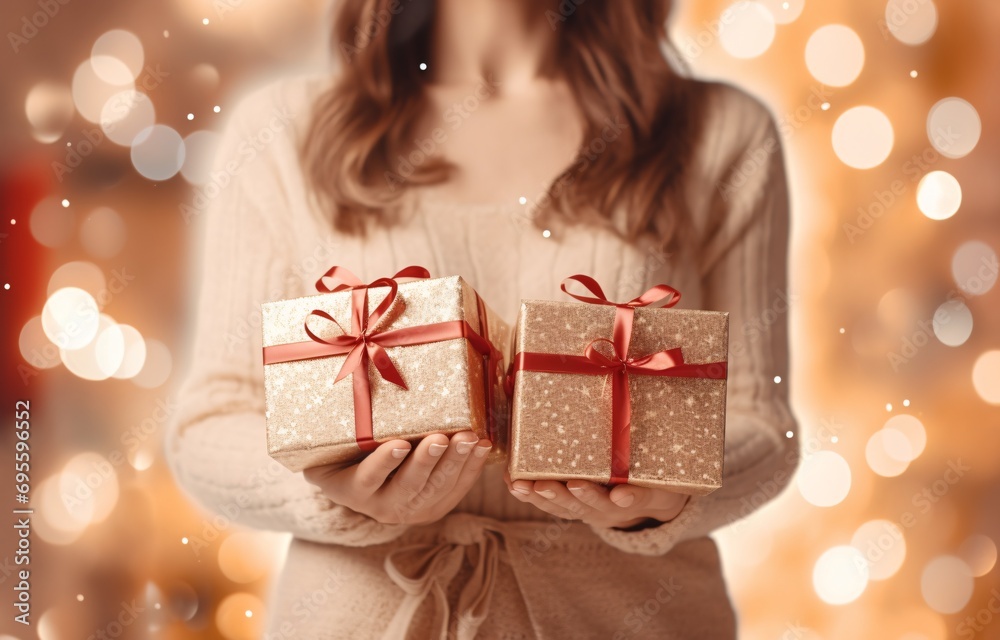 Woman holding two gold and red presents Generative AI Woman holding two gold and red presents Generative AI