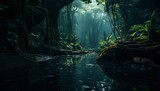 A serene forest scene with a river flowing through it Generative AI