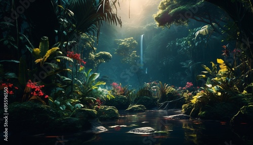 A serene jungle scene with a waterfall and lush greenery Generative AI