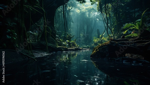 A serene forest scene with a river flowing through it Generative AI © vinod