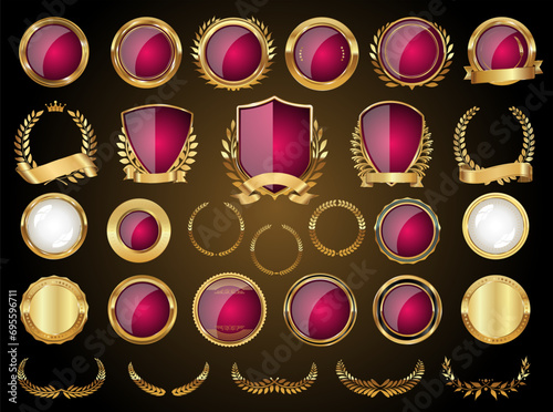 Golden shields laurel wreaths and badges vector collection  