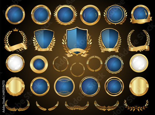 Golden shields laurel wreaths and badges vector collection  