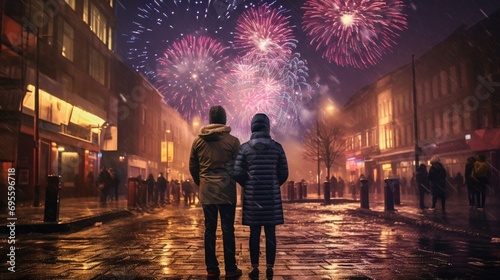 A couple watching fireworks on a rainy night Generative AI