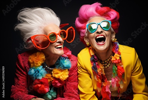 Two Elderly Women Laughing and Wearing Colorful Hats and Sunglasses Generative AI