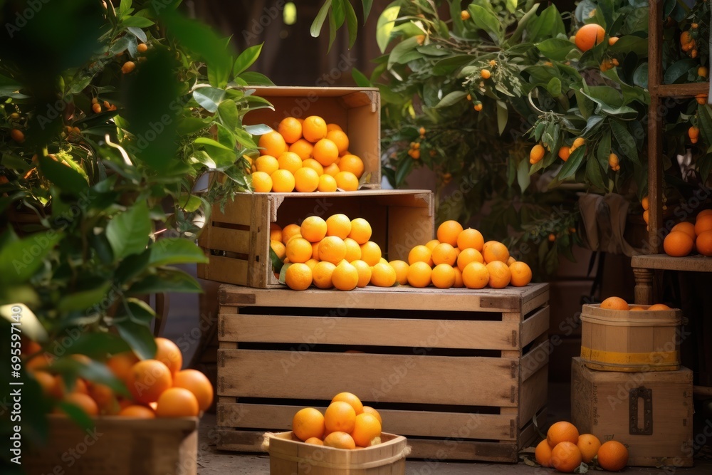 a pile of oranges sitting on top of a wooden crate next to a bunch of oranges on top of a wooden crate next to a tree with oranges.