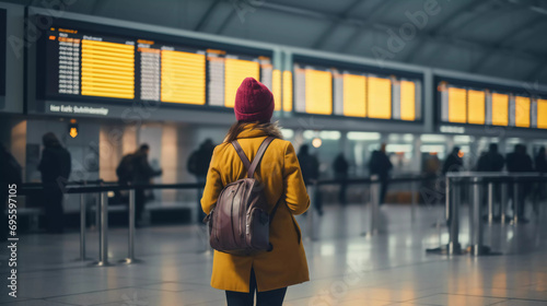 A young woman at an international airport looks at the flight information board, holds a yellow suitcase in her hand and checks her flight