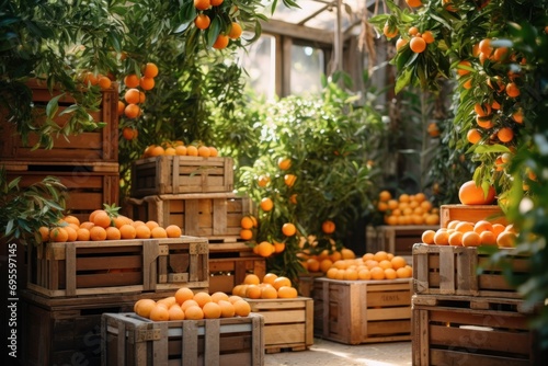  a bunch of crates filled with oranges in a room filled with green plants and oranges hanging from the ceiling of a room filled with lots of oranges.