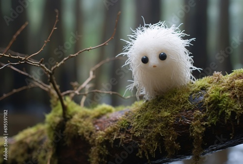 A cute, fluffy, and possibly stuffed animal perched on a tree branch Generative AI