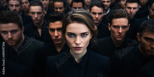 A woman with blue eyes and a black suit looking at the camera Generative AI