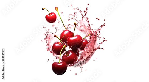 Cherry in water splash isolated on white background. Close-up of a cherry falling into a liquid. Red cherries and spectacular splashes on white. Fruity background.
