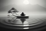  a black and white photo of a small tree in the middle of a body of water with rocks in the water and a tree in the middle of the water.
