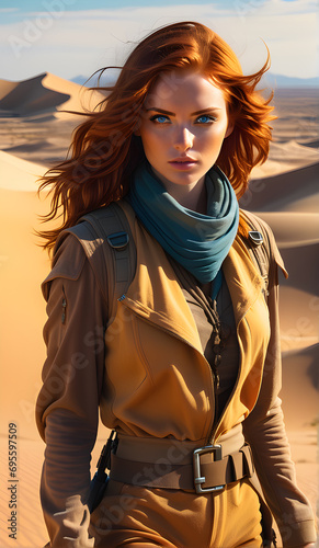 Beautiful red head woman in desert portrait, looking straight into the camera, 3d illustration