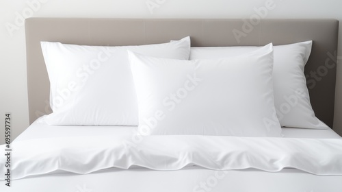 comfortable clean white bed with duvet and soft sheets in bright room with pillows