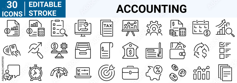 Accounting line web icons Money and Coins. Audit, financial report editable stroke outline icons set - obrazy, fototapety, plakaty 