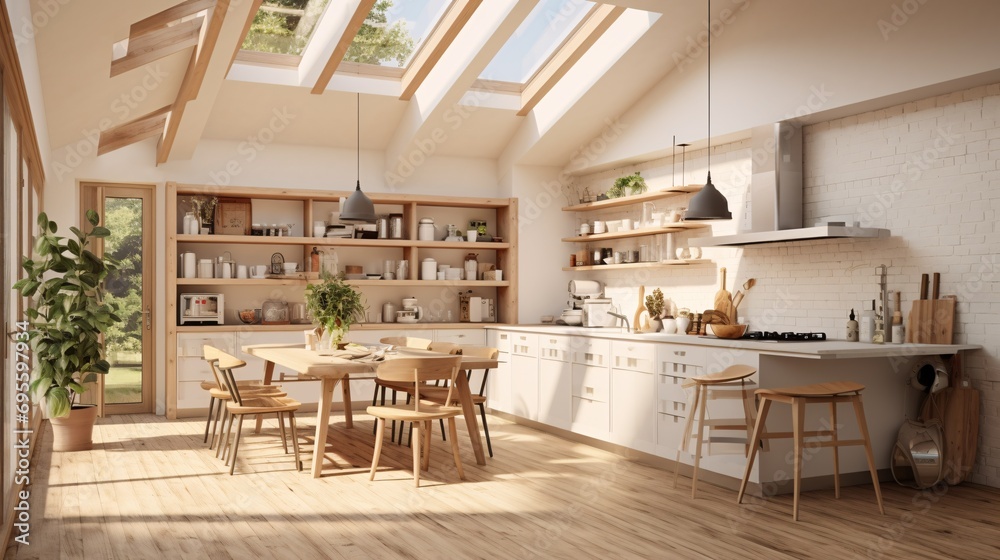 A large kitchen with wooden chairs and a dining table Generative AI