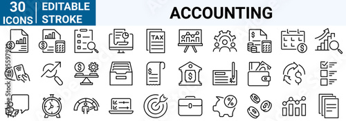 Accounting line web icons Money and Coins. Audit, financial report editable stroke outline icons set