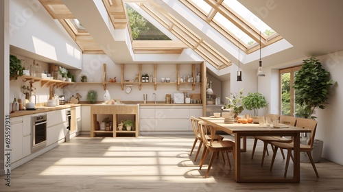 A spacious kitchen with wooden floors and a large skylight Generative AI