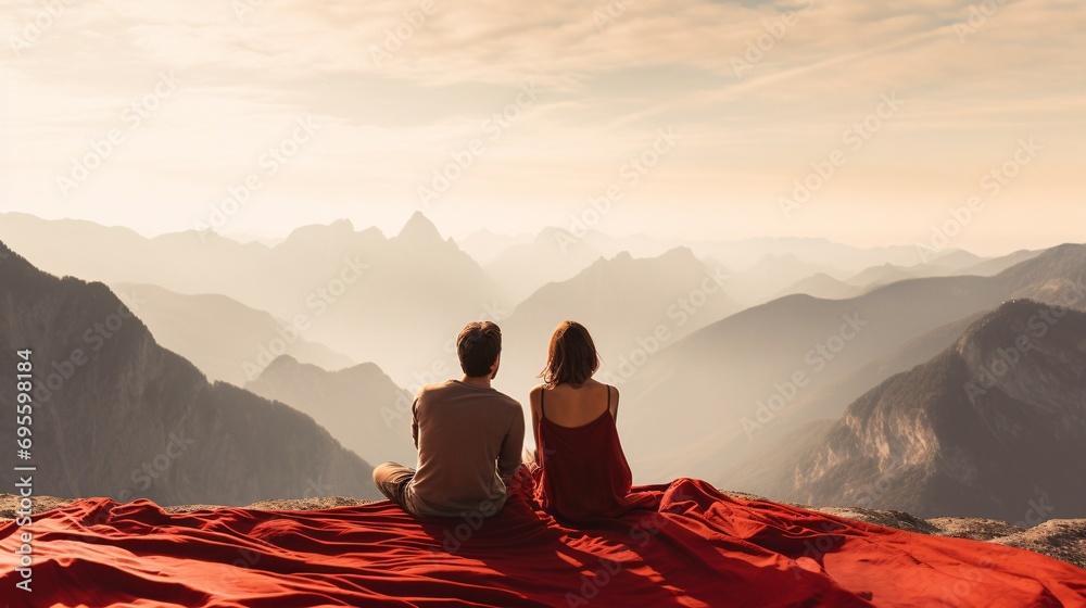 A Couple Sitting on a Red Blanket on a Mountain Generative AI