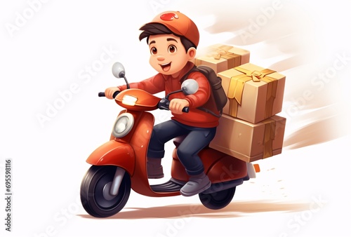 Smiling Boy Riding a Red Scooter with Boxes Generative AI