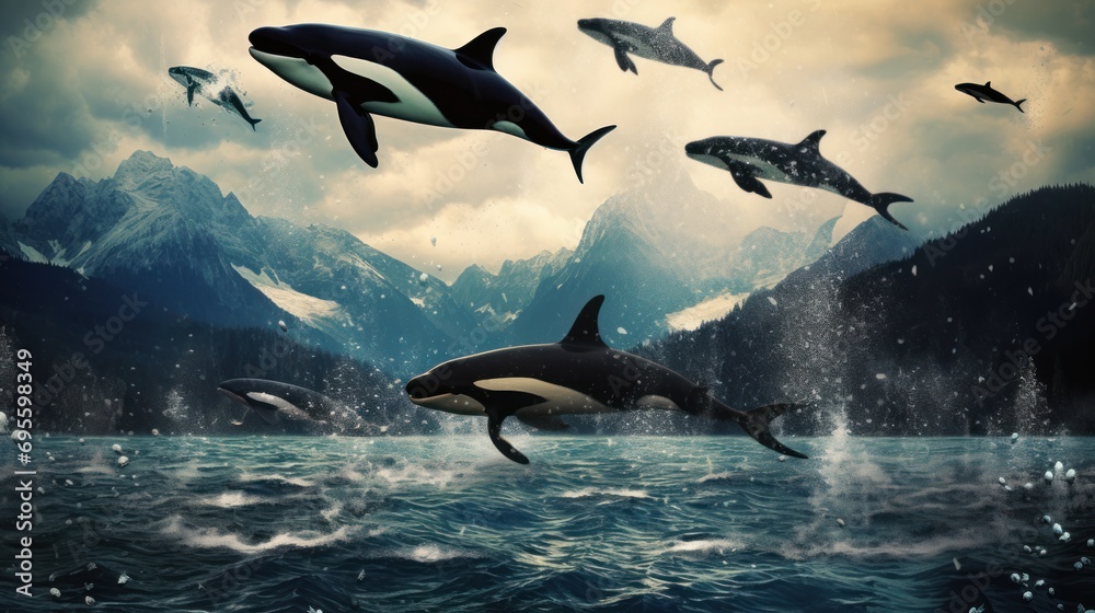 a painting of a group of orca's swimming in a body of water with ...