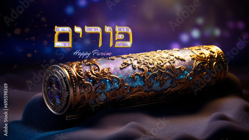 Happy Purim, Jewish Feast. Hebrew Text Purim Sameach. With Esther Scroll, Megillat Esther
AI Generative photo