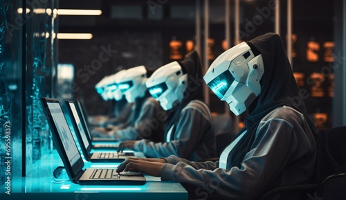 A group of people wearing white helmets and hoods, working on laptops Generative AI