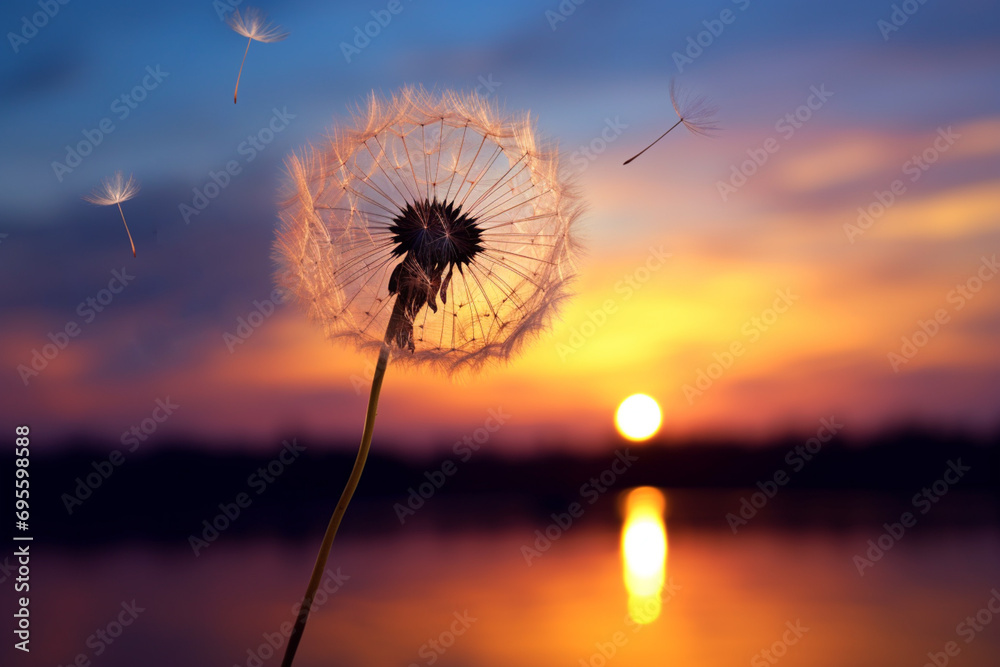 Calm, quiet evening during sunset and silhouette of a field plant with flying seeds