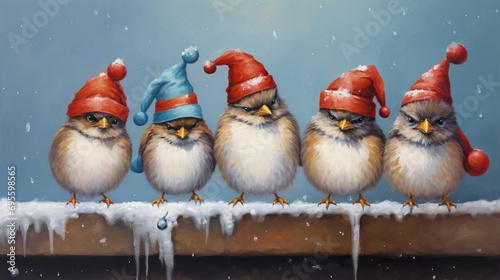  a group of birds sitting on top of a piece of wood wearing red and blue hats and sitting on a ledge in the snow. photo