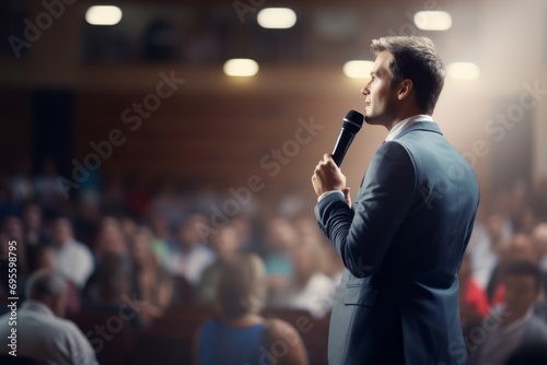 Man speaker with headset at a corporate business conference performing on stage
