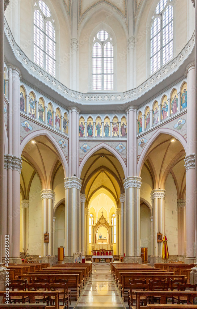 interior view of the central nave and altar of the Basilica of Saint Mary of Sorrow