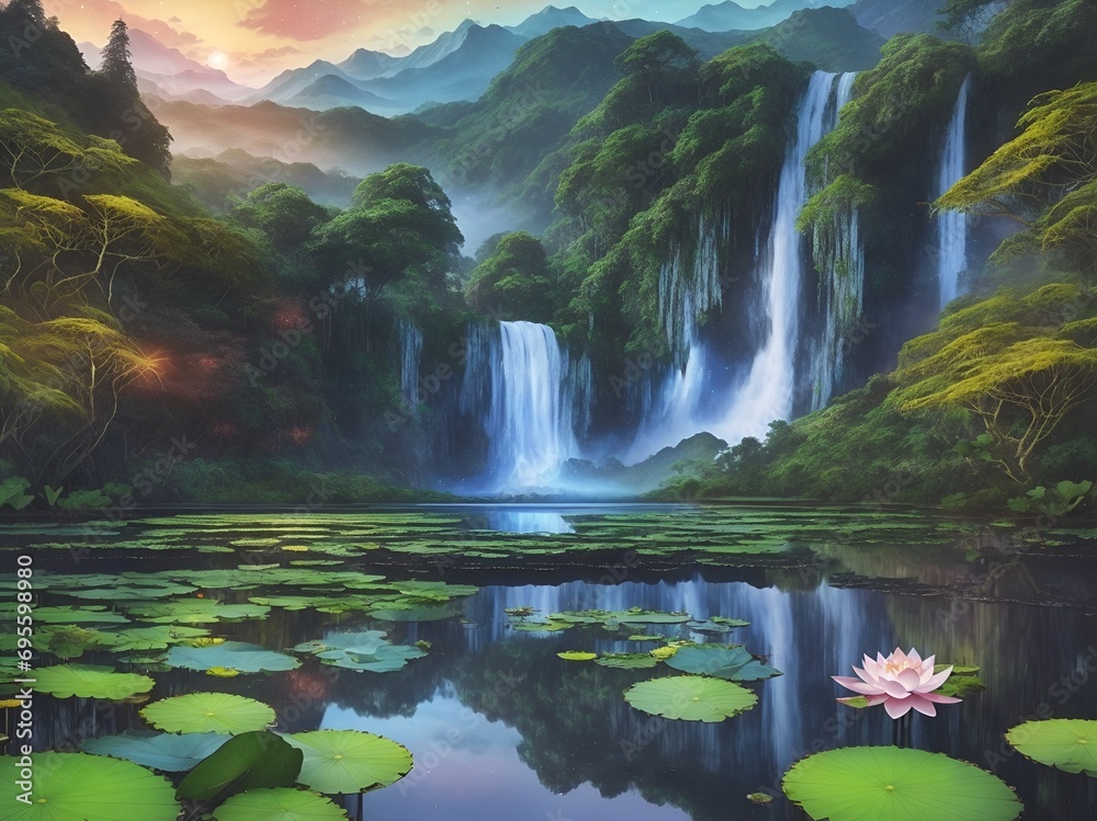 white lotus flowers grow on a lake, with a backdrop of forest, mountains, and a waterfall white lotus flowers grow on a lake, with a backdrop of forest, mountains, and a waterfall