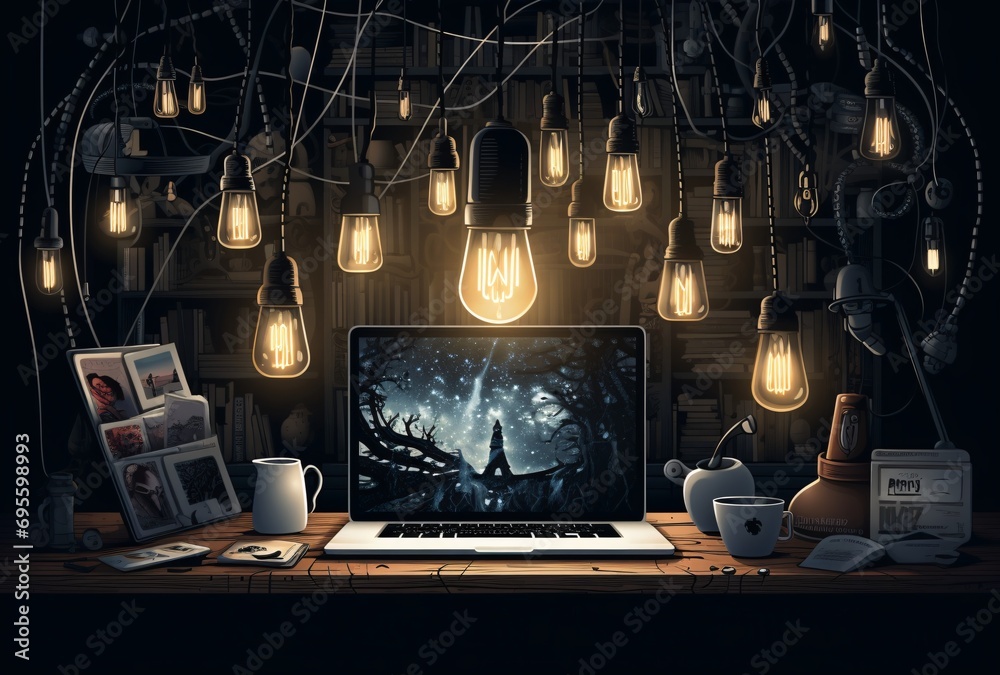 A laptop on a desk with a person in the background Generative AI A laptop on a desk with a person in the background Generative AI