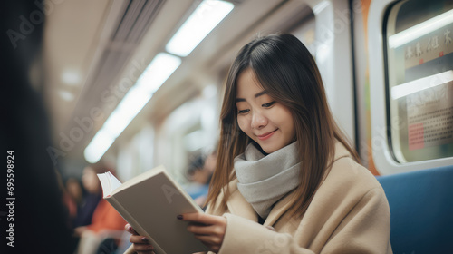 Young beautiful smiling Asian girl teenage student reading a book on the subway. Distance learning, self-education, the road to college.