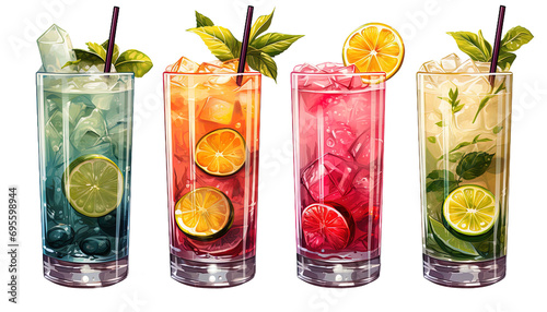 Tropical cocktail clipart set, transparent background, exotic drinks, summer beverages, cocktail illustrations, fruity cocktails, beach party graphics, vacation drinks photo
