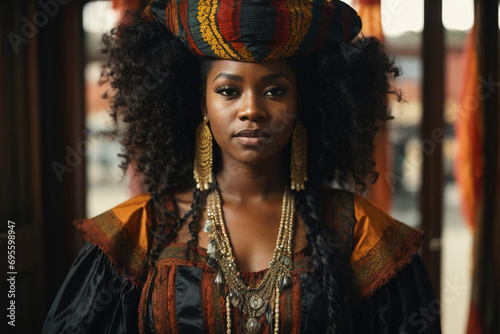 Strong independent black African American woman dressed in indigenous national dress