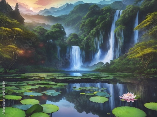 white lotus flowers grow on a lake, with a backdrop of forest, mountains, and a waterfall