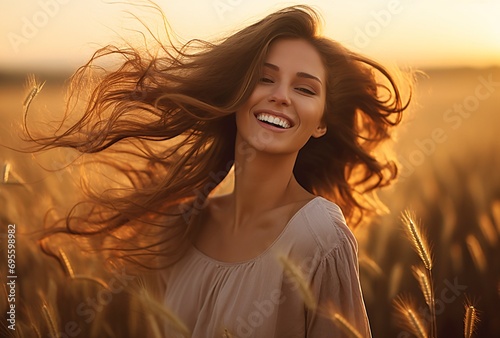 A beautiful woman with long hair and a smile on her face, standing in a field of wheat. Generative AI