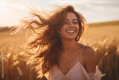 A woman with long hair and a gold necklace smiling at the camera Generative AI