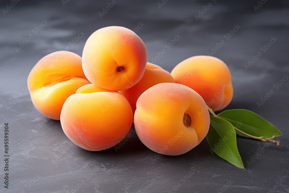 a pile of apricots sitting on top of a table next to a green leaf on top of a gray surface with a black surface with a gray background. a pile of apricots sitting on top of a table next to a green leaf on top of a gray surface with a black surface with a gray background.