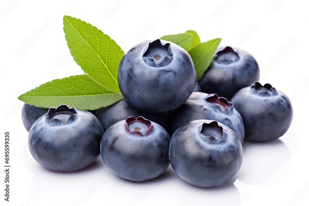 a pile of blueberries with a green leaf on top of one of the blueberries is on a white surface with a reflection on the bottom of the image. a pile of blueberries with a green leaf on top of one of the blueberries is on a white surface with a reflection on the bottom of the image.