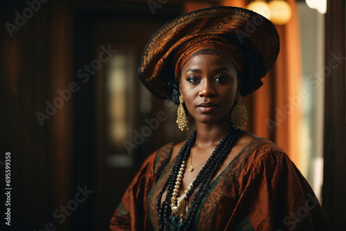Strong independent black African American woman dressed in indigenous national dress