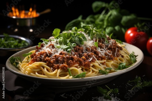  a close up of a plate of pasta with meat and parmesan cheese on a table next to a bunch of tomatoes and lettuce on a plate.