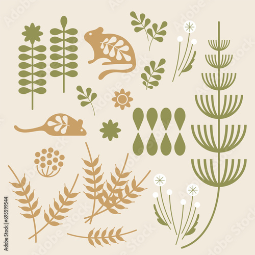 Field and meadow grasses, plants and flowers with mice or hamster in folk rural Ukrainian style