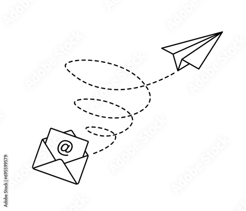Envelope with spiral dotted line route and paper plane. Sending email message and newsletter symbol. Editable stroke. Vector illustration. 