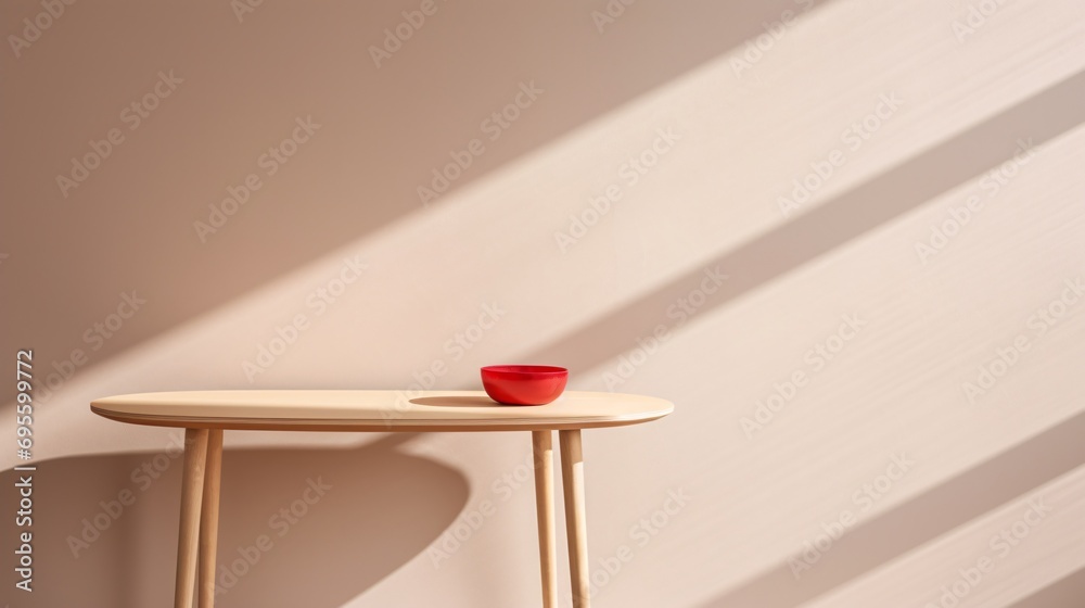 A red bowl on a wooden table. Generative AI A red bowl on a wooden table. Generative AI